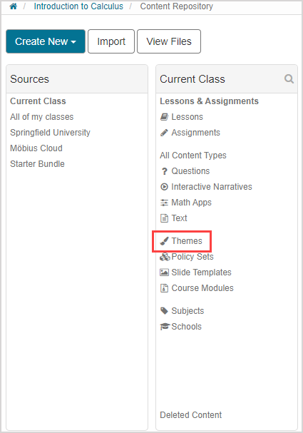 Themes is the ninth option in the Current Class pane.